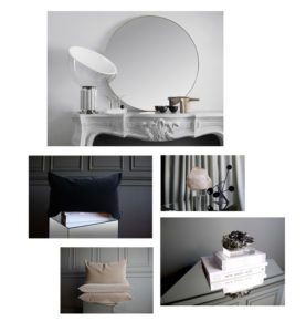 En collage med billeder af lækkert interiør og kunsobjekter fra det svenske design brand Apartment stories. Her ses velourpuder, spejle og brevvægte af bjergkrystaller