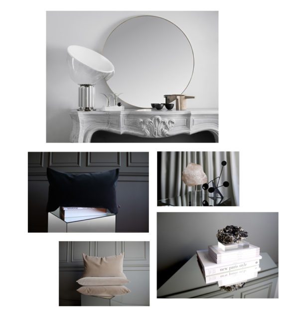 En collage med billeder af lækkert interiør design objekter fra det svenske design brand Apartment stories. Her ses velourpuder, spejle og brevvægte af bjergkrystaller