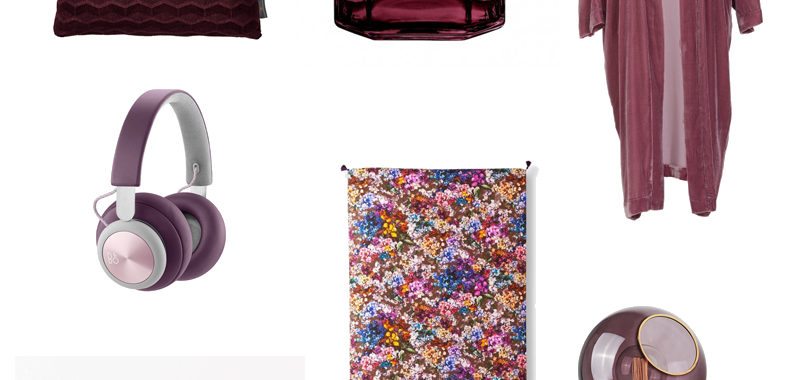 Moodboard med bordeaux emner til boligen.