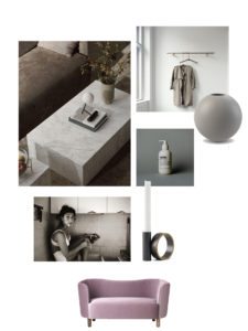 moodboard med interiør ønsker. Her ses et solidt marmorsofabord, fotokunst, lysestage rund grå vase, knagerække og lille 2 personers sofa.