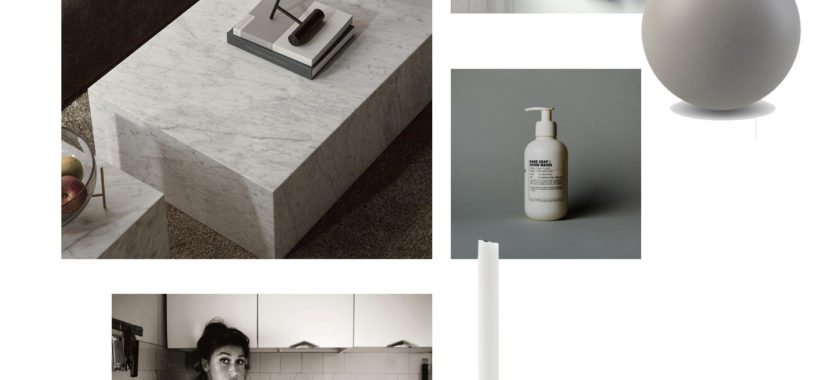 moodboard med interiør ønsker. Her ses et solidt marmorsofabord, fotokunst, lysestage rund grå vase, knagerække og lille 2 personers sofa.